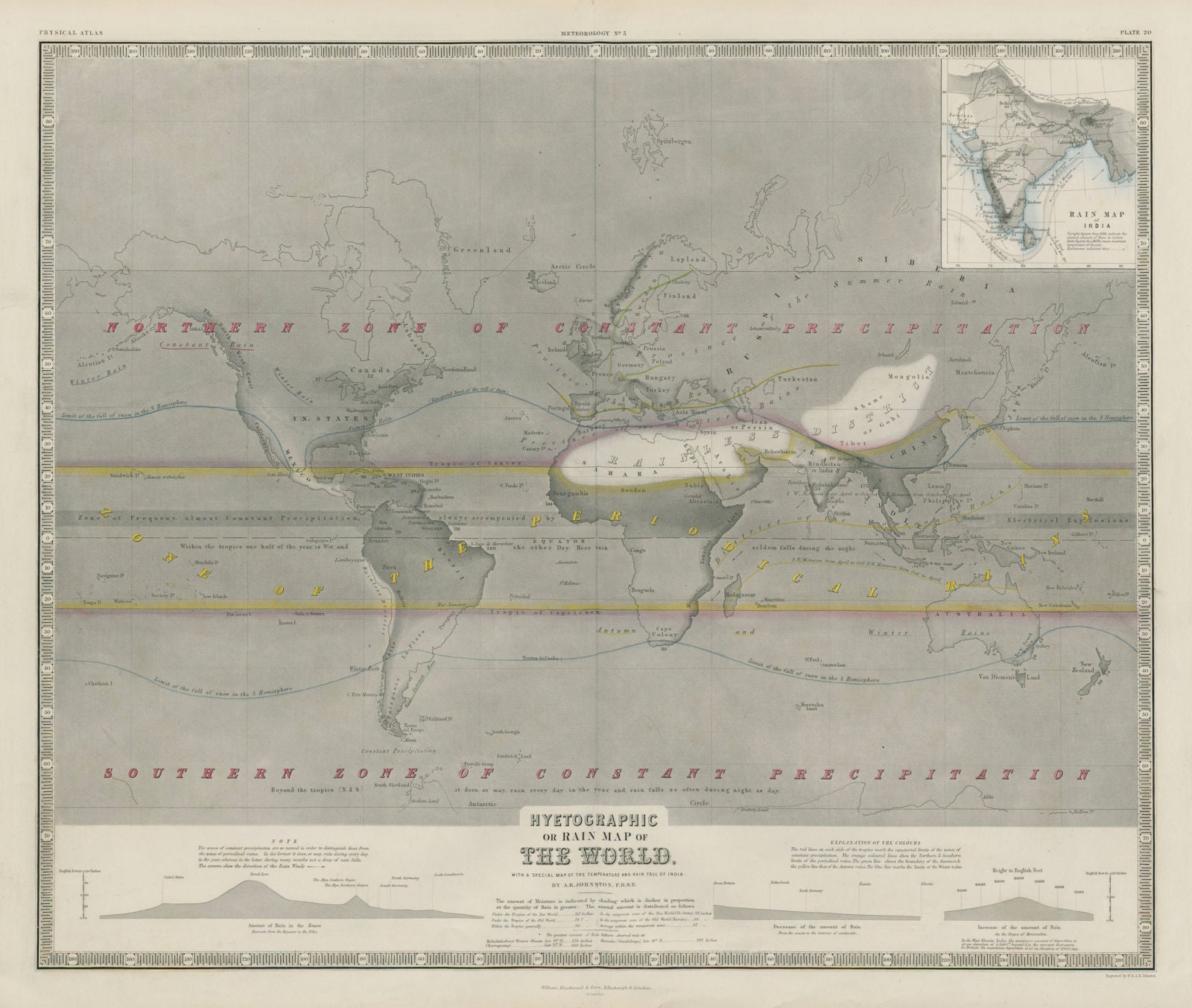 Hyetographic or rain map of the world. Monsoon zones. JOHNSTON 1856 old